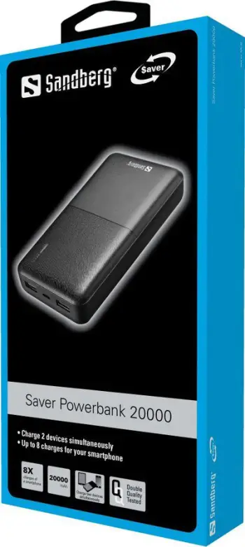 Powerbank Sandberg Saver 320-42 20000 mAh, PD 20W, USB-C + 2x USB-A, e zezë, set me kabllo USB-C