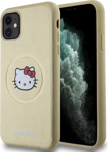 Mbështjellës telefoni Hello Kitty Leather Kitty Head MagSafe, për iPhone 11 Xr, i artë