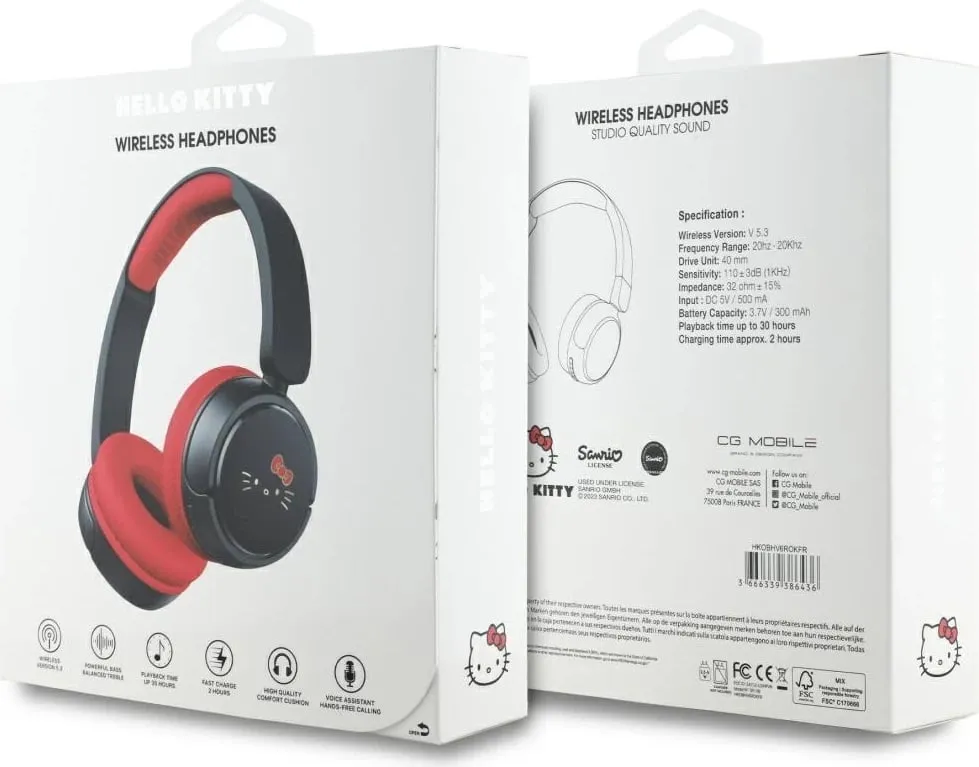 Kufje Bluetooth Hello Kitty Face Logo, on-ear, 30 orë, USB-C, Kuqe - 5