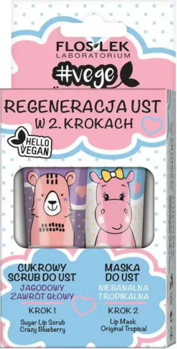 Set për kujdesin e buzëve Floslek Vege Lip Care, Berry Head Over Heels Scrub + Unconventional Tropical Lip Mask për femra, 2x14g
