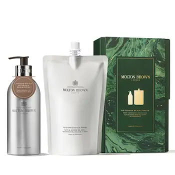 Set për kujdes të trupit Molton Brown Body Care Refill, Rimbushës xheli për dush 400 ml + Shpërndarës sapun i lëngshëm 400 ml