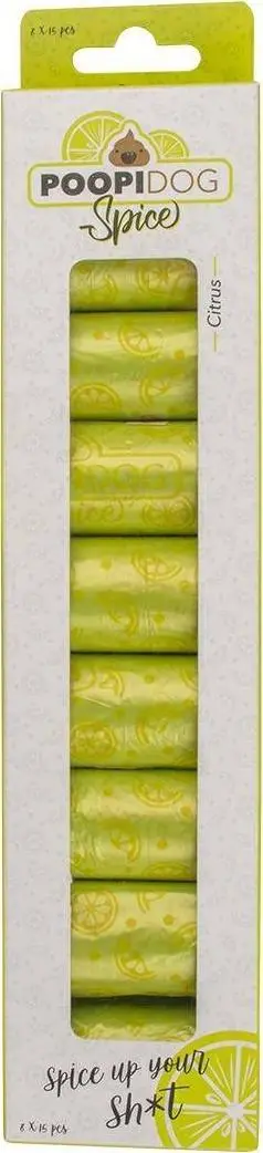 Qese higjienike për qen Duvo+ Citrus, 8 rrotulla, 15 qese secila, ngjyrë citrus