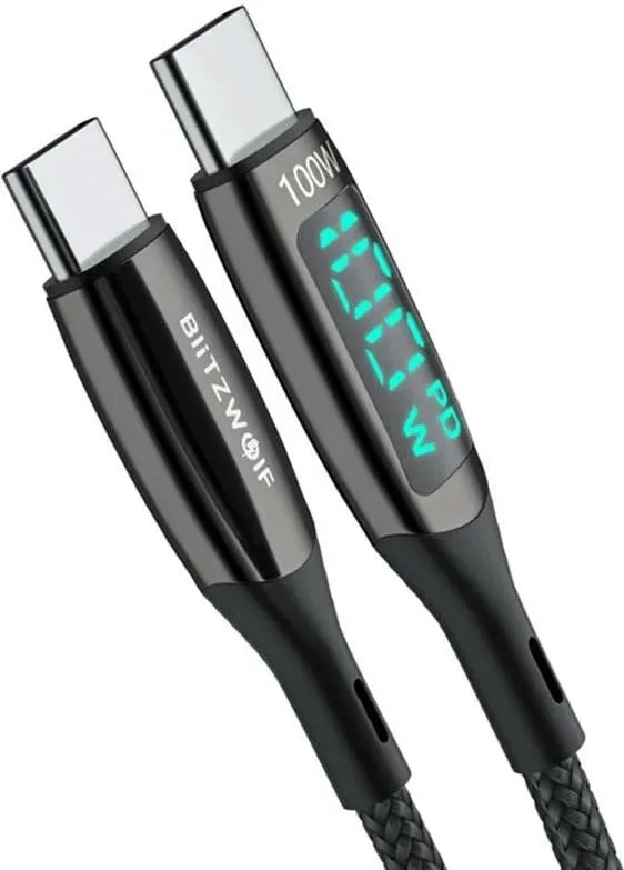Kabllo USB-C në USB-C BlitzWolf BW-TC23, 1.8m, 100W, me ekran, e zezë - 1