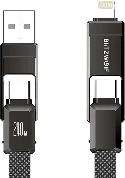 Kabllo 4-në-1 BlitzWolf BW-HDC7, 1.2m, 240W, USB-A/USB-C/Lightning, e zezë - 1