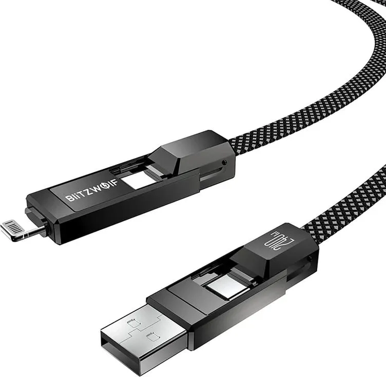 Kabllo 4-në-1 BlitzWolf BW-HDC7, 1.2m, 240W, USB-A/USB-C/Lightning, e zezë - 3