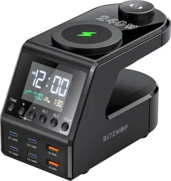 Orë alarmi me karikues 10‑në‑1, BlitzWolf BW-FW10, 4x USB-C + 2x USB-A, 2 karikim pa tela (telefon 15W + smartwatch 5W), PD 3.1 deri 240W, e zezë