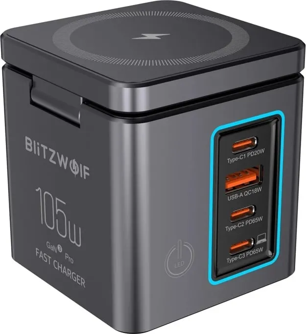 Karikues rrjeti GaN BlitzWolf BW-i113 Max, 105W, 3x USB-C + USB-A, karikim wireless 15W/5W - 1