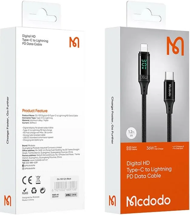 Kabllo Mcdodo CA-1030 USB-C në Lightning, 1.2m, 36W, e zezë - 3
