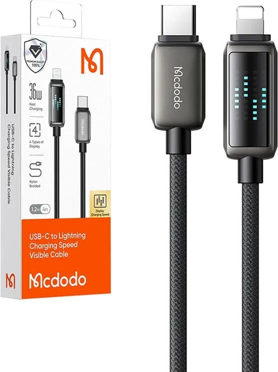 Kabllo Mcdodo CA-2630 USB-C në Lightning, 1.2m, 36W, ekran LED, e zezë - 2