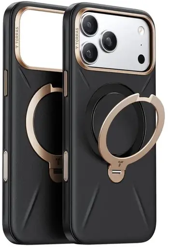 Mbulesë telefoni Torras Ostand Spin Vegskin Series për iPhone 17 Pro Max, rezistente ndaj goditjeve, e zezë