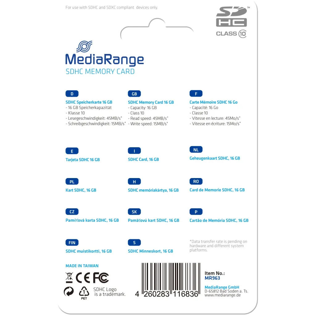 Kartë memorie SDHC MediaRange MR963, 16GB, Class 10 - 1