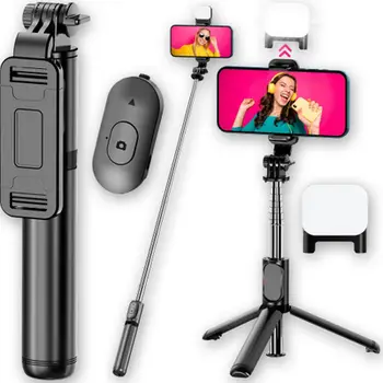 Selfie stick tripod univerzal, 3 në 1, telekomandë Bluetooth, llambë ndriçimi, i zi