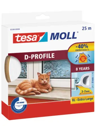 Shirit gome për dritare Tesa, 9mm D-Profile, 25m, i bardhë