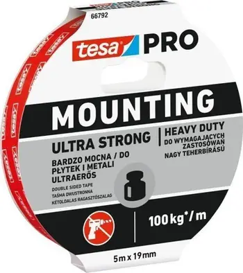 Shirit ngjitës dyanësh Tesa PRO Ultra Strong, 5m, 19mm, i bardhë