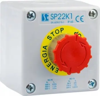 Stacion komandimi Spamel K1 SP22K1S182-1, buton STOP kërpudhë, IP65, i verdhë