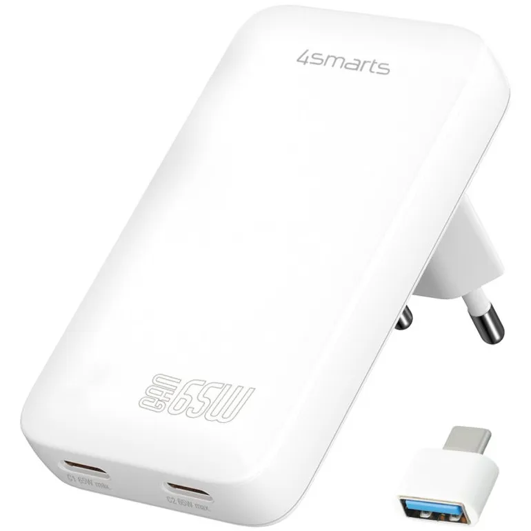 Karikues 4smarts / FlatPlug Slim Dual Charger / 65W / GaN / 2C- Bardhë - 1