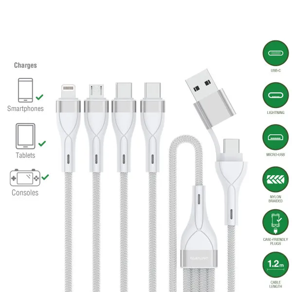 Kabllo USB 4smarts USB-C/A Multi-Charging Cable 4-in-2 / 1.2m – Bardhë - 1
