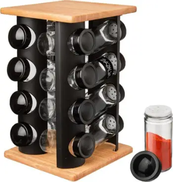 Set kavanozësh për erëza Orion Spice Jar, 16 copë, me qëndrim rrotullues, i zi