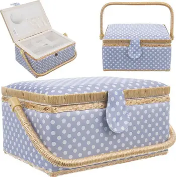 Kuti organizuese për qepje, druri me tekstil, 30x23x16 cm, blu me pika të bardha