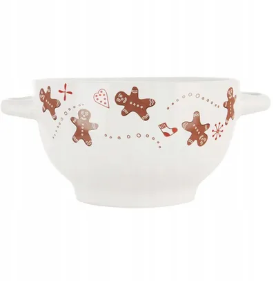 Tas qeramike me dorezë, motiv gingerbread, e bardhë - 4