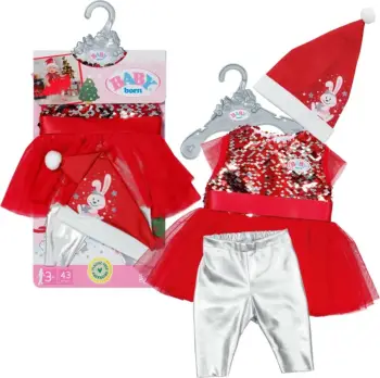 Veshje kukulle BABY born Christmas Outfit, për kukulla 43 cm, set me fustan dhe aksesorë, e kuqe