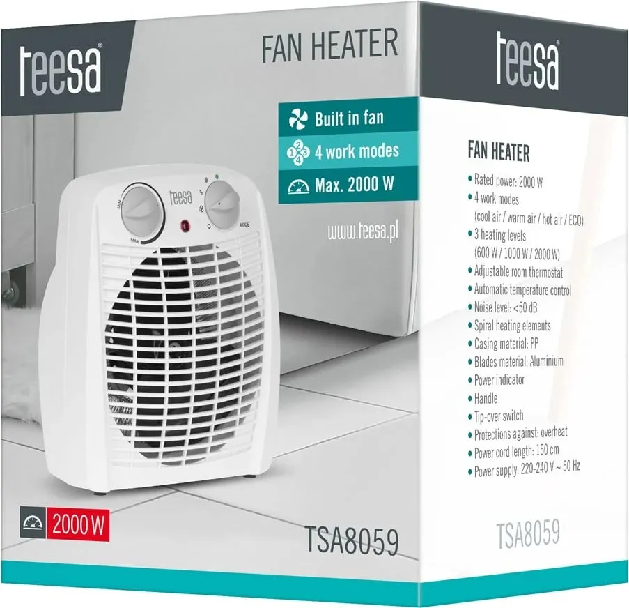 Ngrohës me ventilator Teesa TSA8059, 2000 W, i bardhë - 3