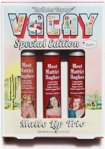 Buzëkuq mat likuid The Balm Vacay Matte Lip Trio për femra, 3 copë