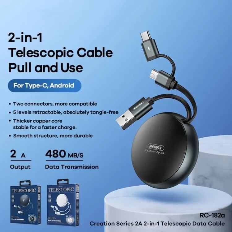 Kabllo për karikim Remax Telescopic RC-182i 2A, e argjendtë - 2