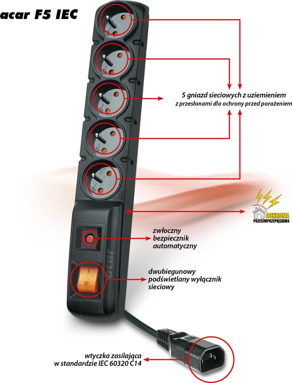 Kabllo zgjatëse Acar 5x priza, 3m, e zezë - 1