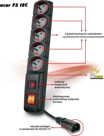 Kabllo zgjatëse Acar 5x priza, 3m, e zezë