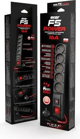 Kabllo zgjatëse Acar F5 POWER, 10 m, 5 priza, e zezë - 4