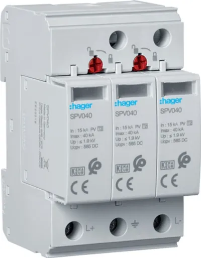 Mbrojtës tepricash Hager SPV340, Tipi 2 PV, 3P, 15kA, 1000V DC - 1