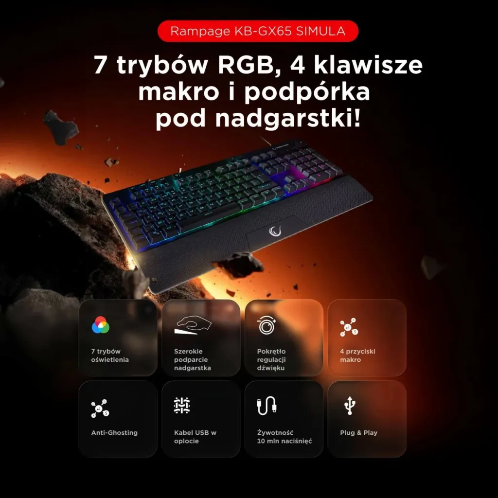 Tastierë gaming Rampage Simula RGB, full-size, me mbështetëse, e zezë - 7