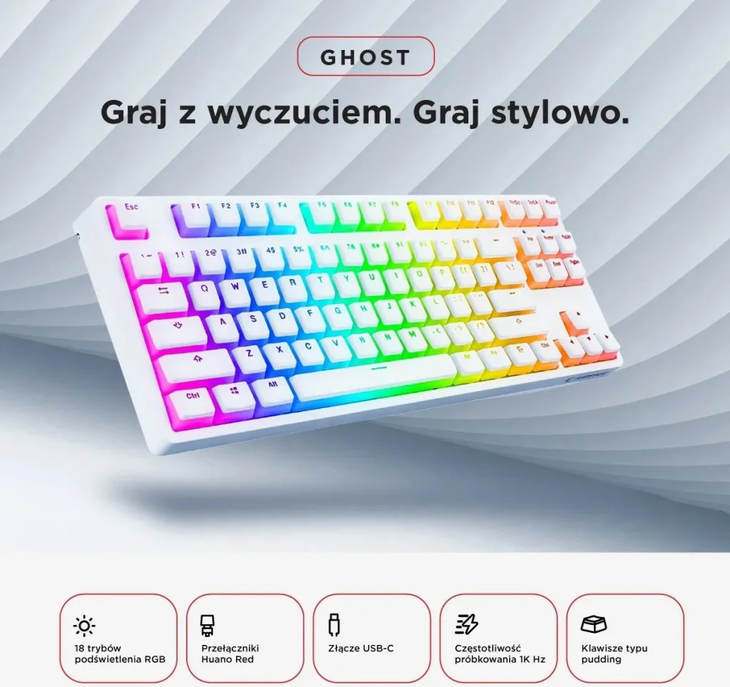 Tastierë mekanike Rampage TKL GHOST, Huano Red Switch, RGB, e bardhë - 7