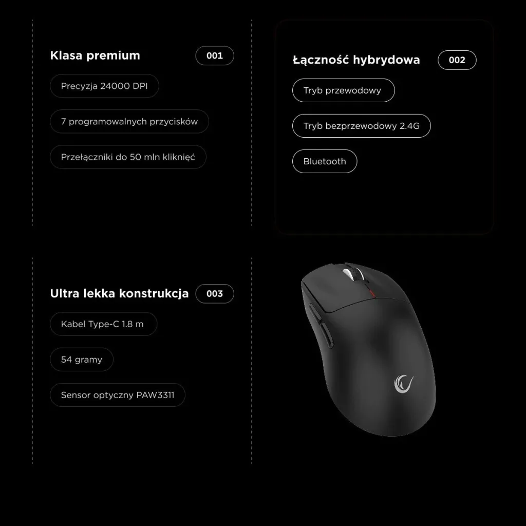 Maus Rampage Clax PAW3311, 24 000 DPI, wireless/wired, i zi - 8