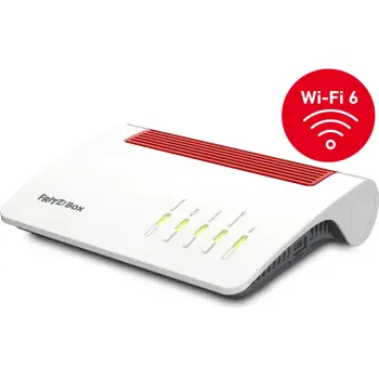 Router AVM FRITZ!Box 7590 AX, Wi‑Fi 6, MPN 20002998, e bardhë me të kuqe