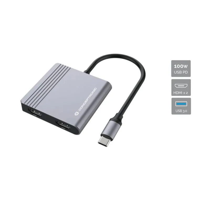 Hub Udhëtimi CONCEPTRONIC 4-në-1 USB-C në 2xHDMI/USB-A 100W PD – Hiri - 1