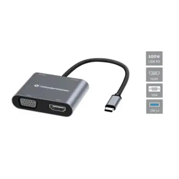 Dock Conceptronic 4-1 USB-C në HDMI, VGA, USB 3.0, 100W PD, 15cm, gri