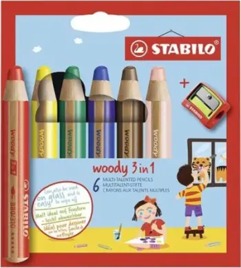 Set i ngjyrave Stabilo Woody, 3 në 1, 6 ngjyra + mprehëse STABILO