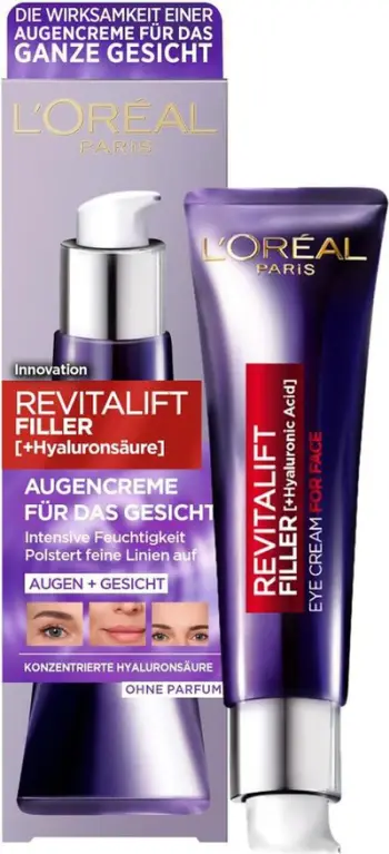 Krem për sy dhe fytyrë L’Oreal Paris, Revitalift Filler + Hyaluronic Acid, 15 ml