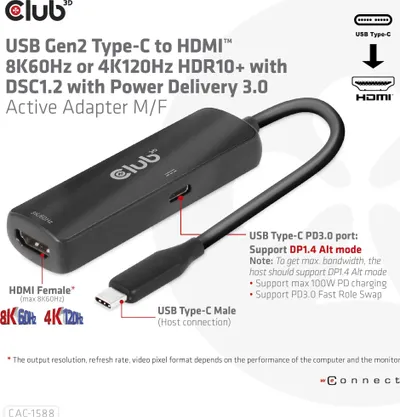 Adapter USB C në HDMI Club 3D CAC 1588, 8K 60Hz, 4K 120Hz, i zi - 5