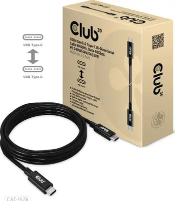 Kabllo USB Type-C Club3D 2m, PD 240W, 40Gbps, e zezë