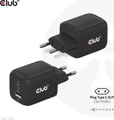 Karikues Club3D CAC-1913EU, 2xUSB Type-C, 1xUSB Type-A, PD 65W, GaN, i zi - 1