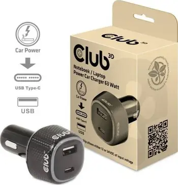 Karikues veture Club3D Car Charger, 63W, 2 porta USB A dhe USB C, i zi