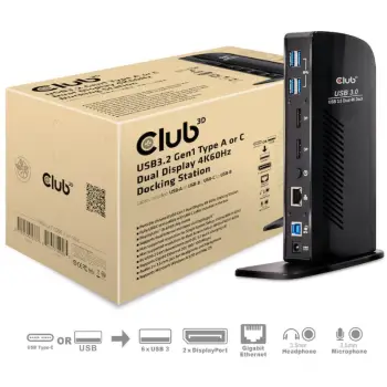 Docking station Club3D USB3.2 Gen1, 2x DisplayPort, 6x USB3.0, Gigabit Ethernet, e zezë