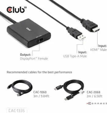 Adapter aktiv Club3D CAC-2330, HDMI në DisplayPort, 4K 120Hz 8K 30Hz, i zi