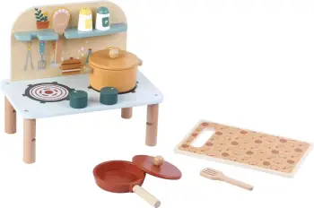 Lodër kuzhinë druri Promis Mini Kitchen, me enë dhe vegla, ngjyra pastel