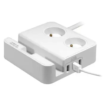 Kabllo vazhduese Logo me mbajtëse telefoni, 2 priza, 3 x USB, e bardhë