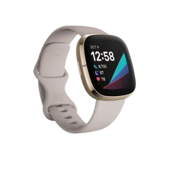 Smartwatch Fitbit Sense FB512GLWT, GPS i integrum, EDA & sensor temperature, rezistent në ujë 50 m, bateri deri 6 ditë, Lunar White/Soft Gold