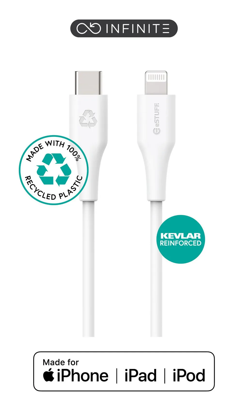Kabllo eSTUFF INFINITE Super Soft, USB-C - Lightning, 2m, i bardhë - 1